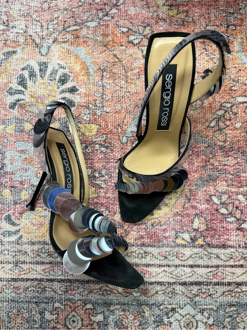 Sergio Rossi Black Spiral Strap Stiletto Sandals Silver Sequins